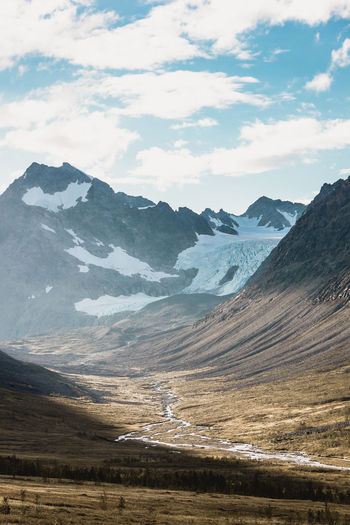 Scenic view of mountains against cloudy sky