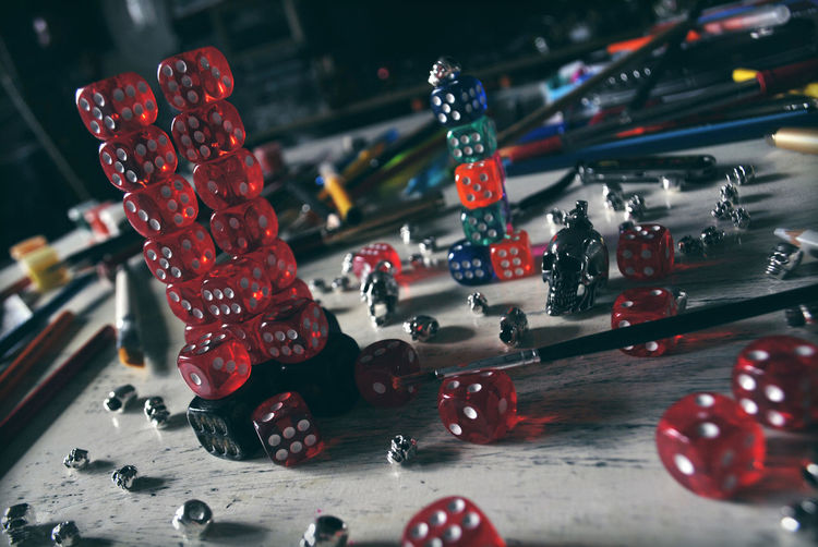 Close-up of dices on table