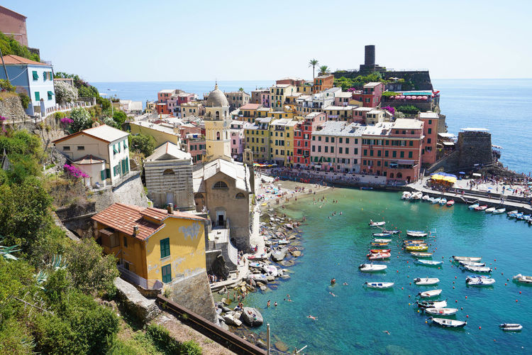 Aerial view of vernazza village on summer in the cinque terre, liguria, italy