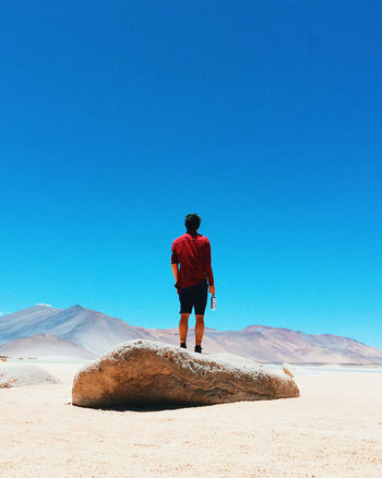 Rear view of person standing on rock formation against clear sky