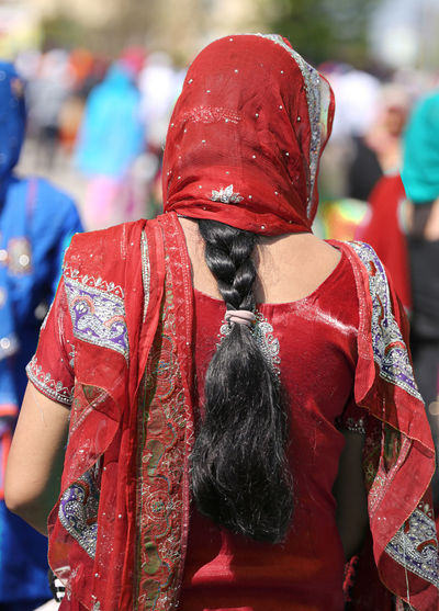 Rear view of woman with dupatta on head
