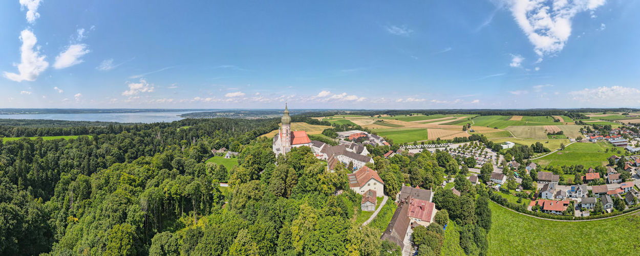 Panoramic view of trees on field against sky