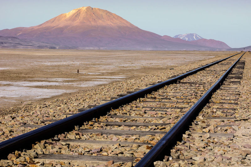 Railroad track by mountains against clear sky