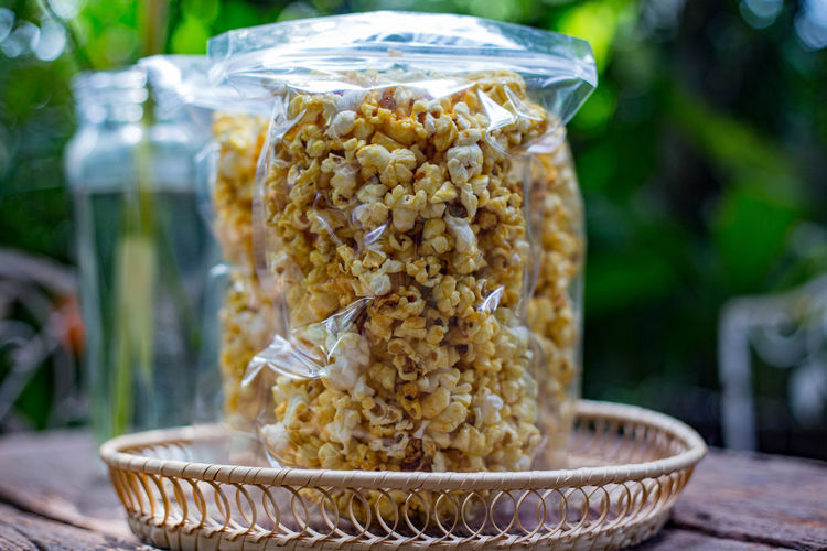 Popcorn in a plastic bag.