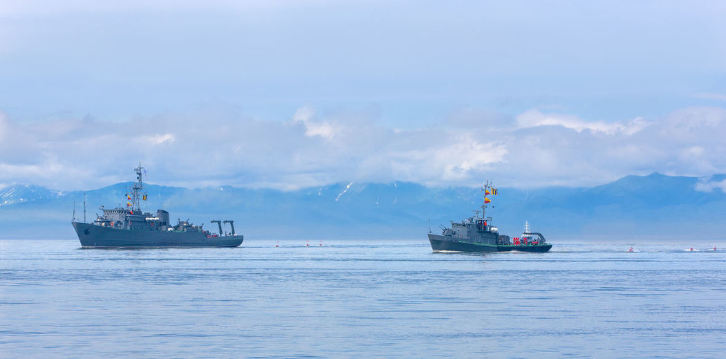 Naval minesweeper in avacha bay on kamchatka