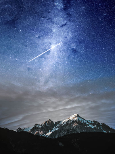 Scenic view of snowcapped mountains against galaxy in sky at night