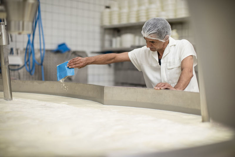Cheese factory worker controlling curdling process
