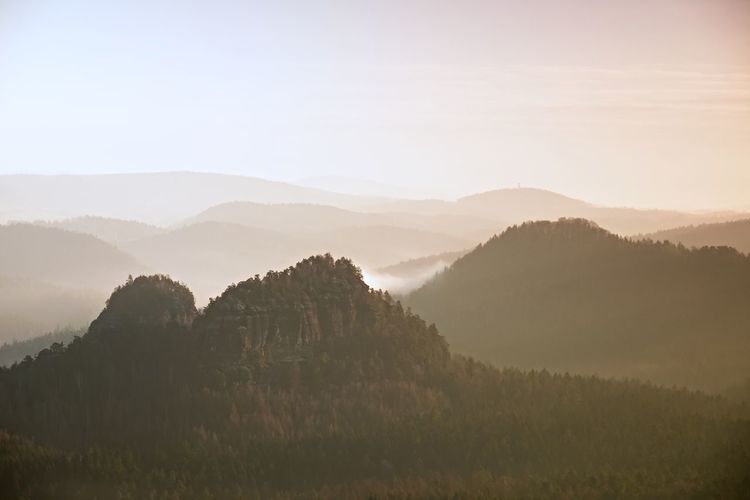 Sunrise in a beautiful mountain of czech-saxony switzerland. sandstone peaks increased from fog