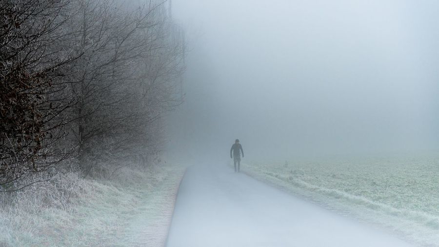 Rear view of person walking on road during winter