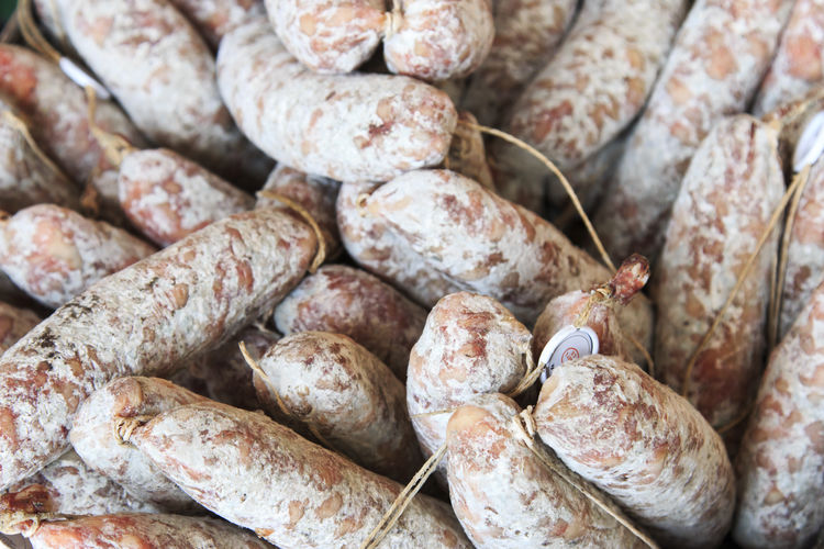 Full frame shot of salami at market for sale