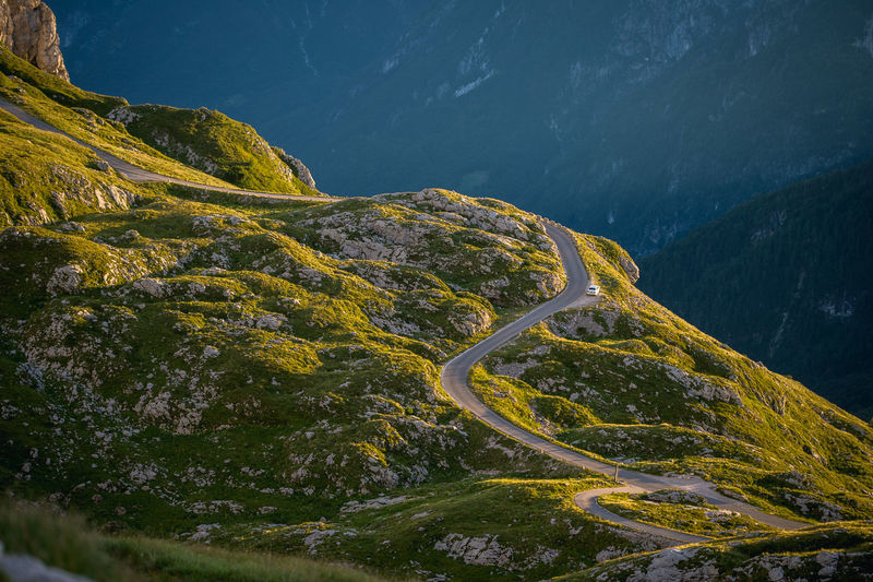 High angle view of winding road on mountains