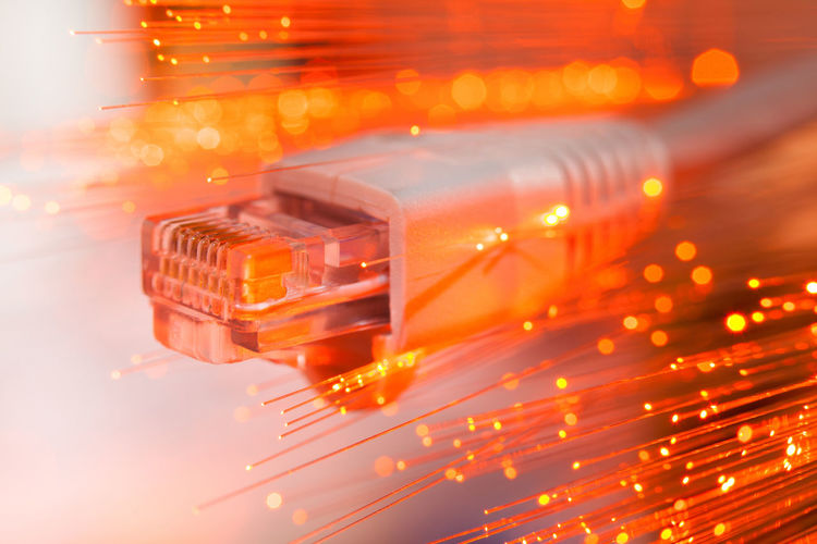 Close-up of computer cable with fibre optics