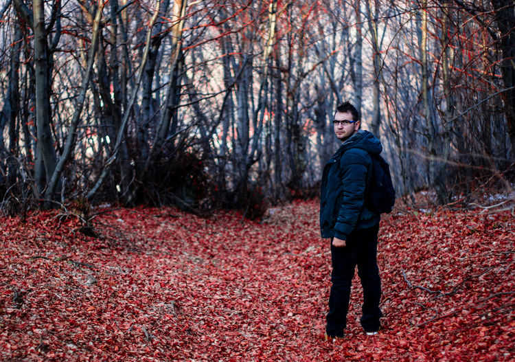Full length of man standing on fallen leaves against trees at forest