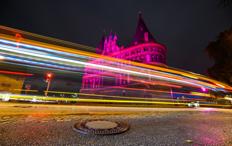 Light trails on road at night