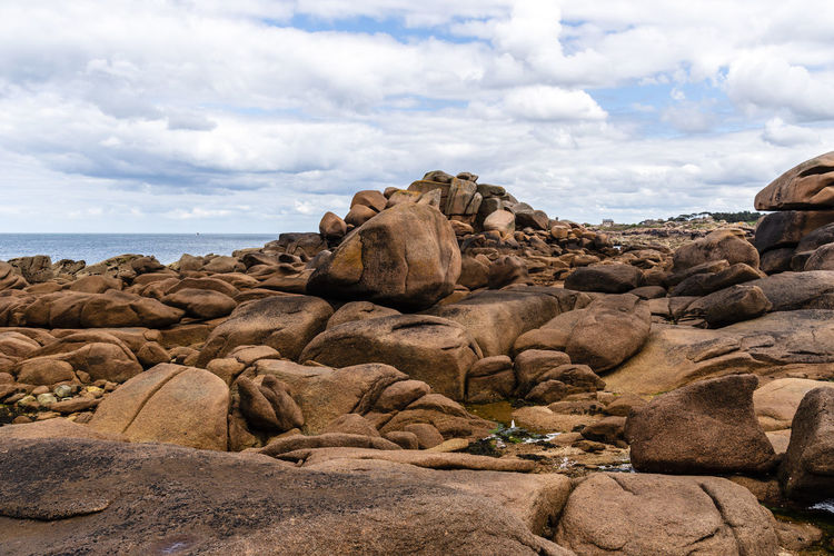 Rock formations in pink granite coast around perros-guirec in brittany, france