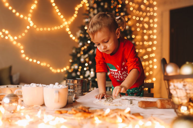 Portrait of boy playing with christmas decorations