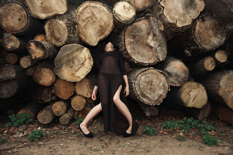 Slow Dancing Society Black Outfit Brown Chopped Down Forest Girl Graceful Legs Linas Was Here Logs Lumberjack Model Trees Woods