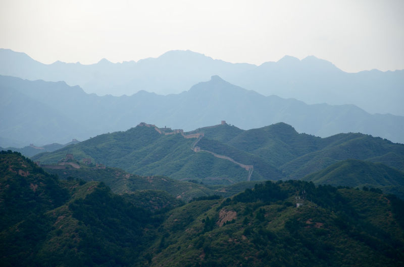 High angle view of great wall of china against mountains