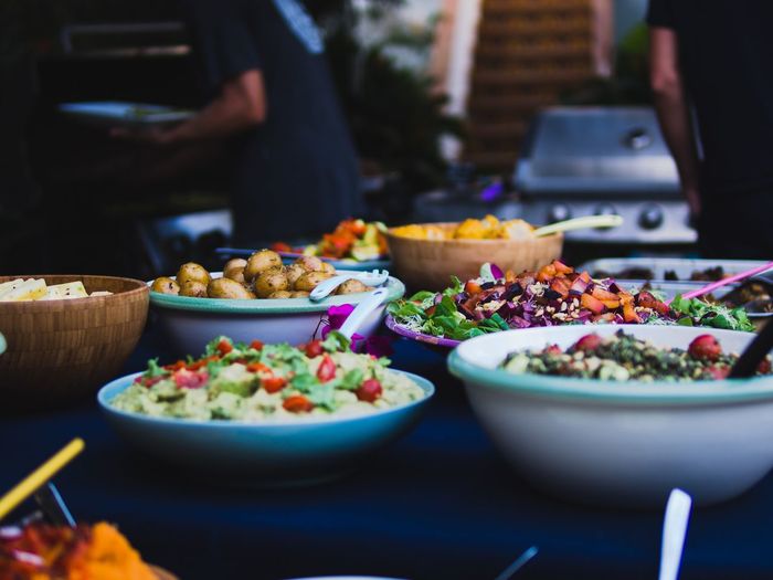 Close-up of food served on table