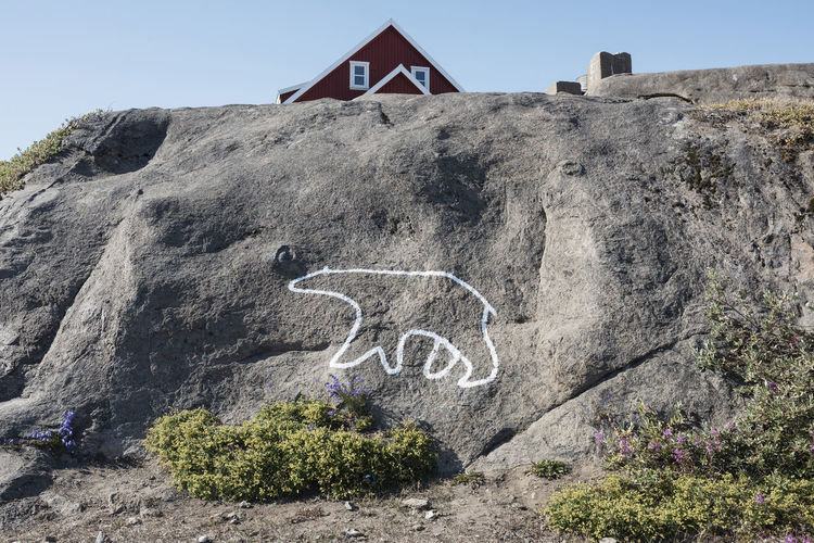 White outline of polar bear painted on rock against sky as message of global warming