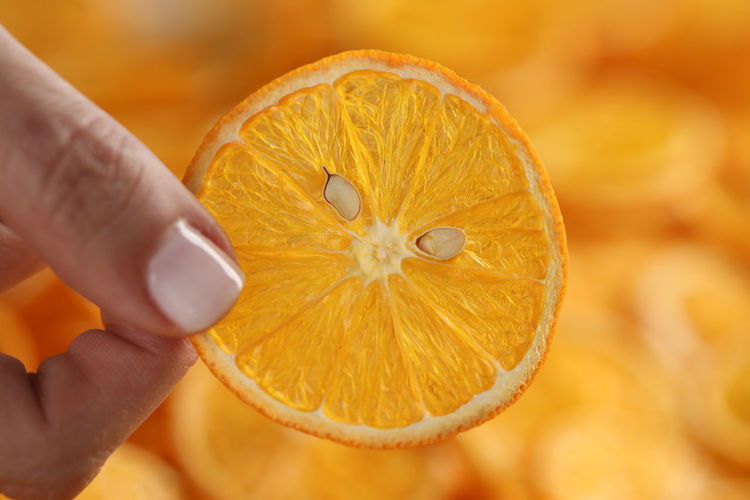 Close-up of hand holding orange