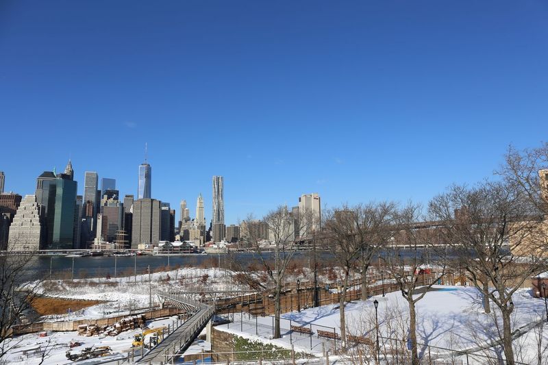 Panoramic shot of city buildings against clear sky