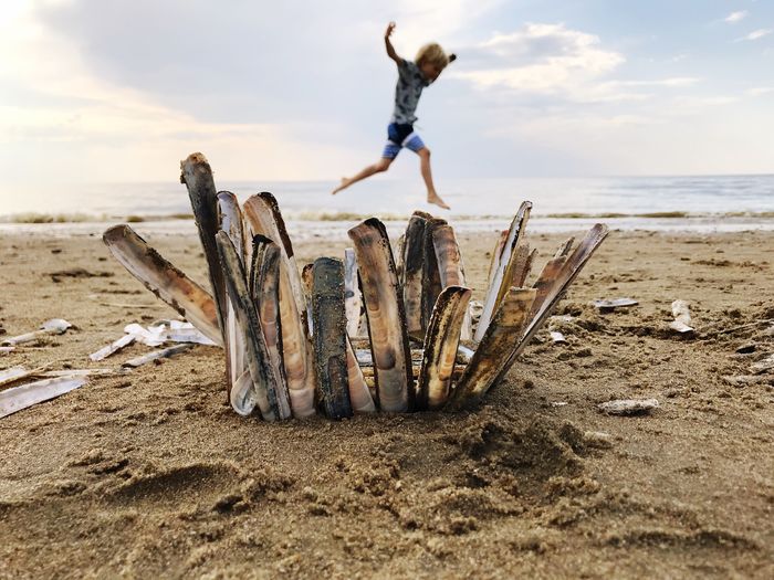 Boy jumping over driftwood at beach