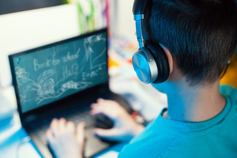 Rear view of boy using laptop at home