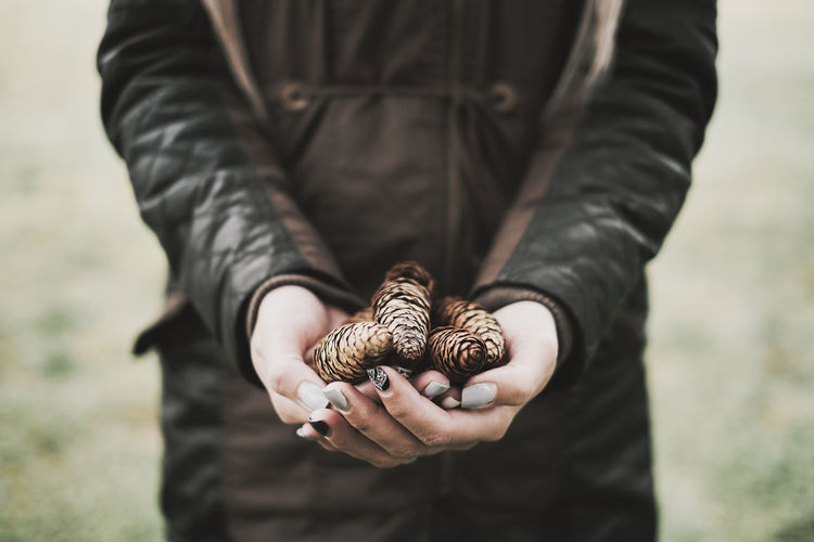 Midsection of woman holding pine cones while standing outdoors
