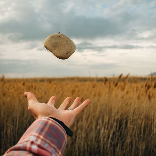 Cropped hand throwing stone on field against sky