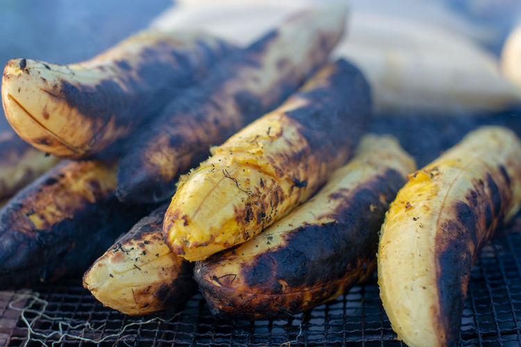Close-up of banans on barbecue grill