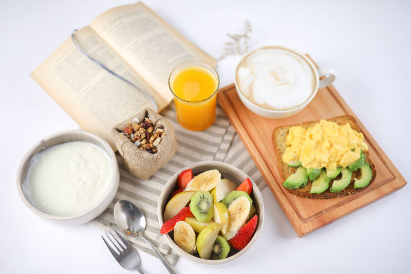 High angle view of breakfast on table