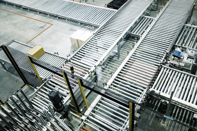 High angle view of roll way in factory 