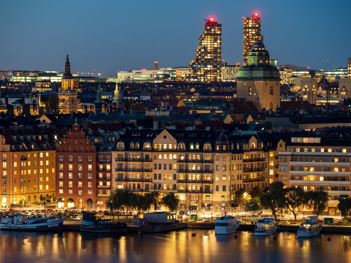 Stockholm, sweden - apartment buildings by the waterfront on kungsholmen at night