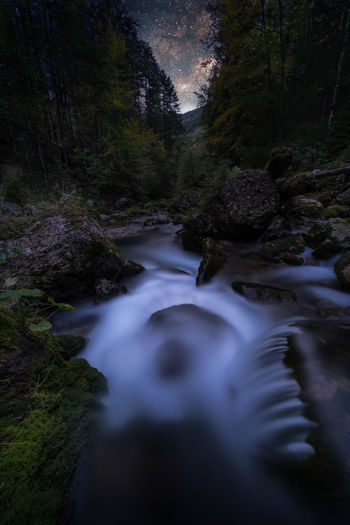 Stream flowing through rocks in forest at night