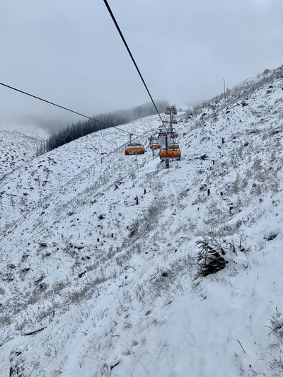 Overhead cable car on snow covered land against sky