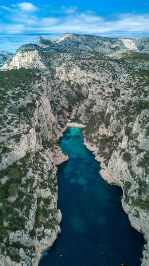 Aerial shot from in provence france. bay and pristine fjord