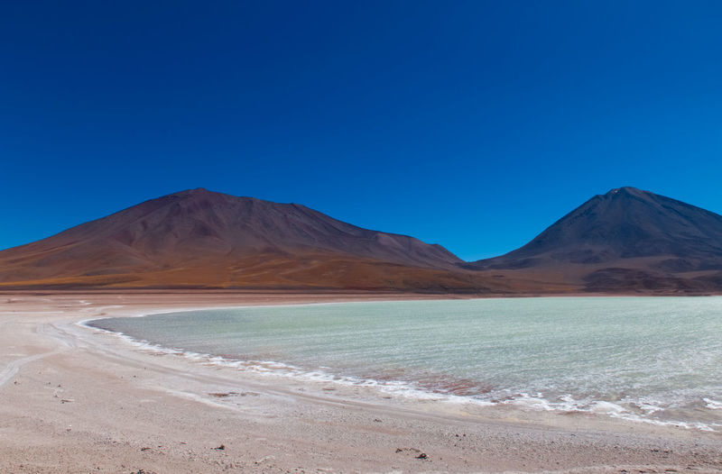 Scenic view of desert against clear blue sky