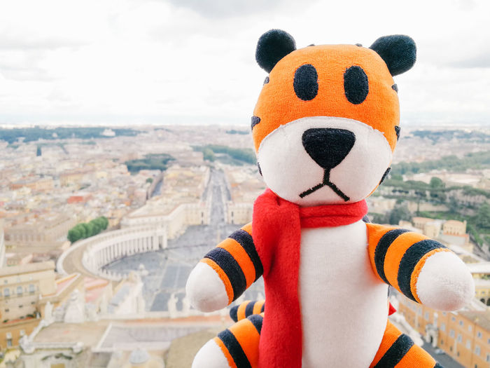 Close-up of stuffed toy against cityscape