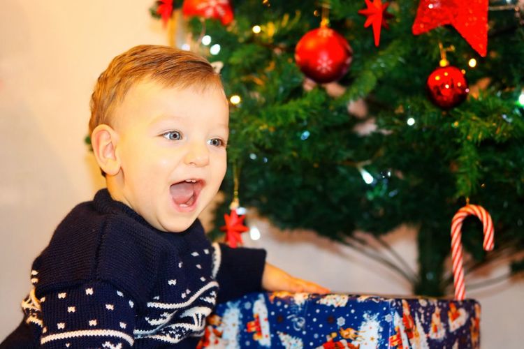 Cheerful boy against christmas tree