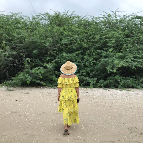 Rear view of woman walking towards plants at beach