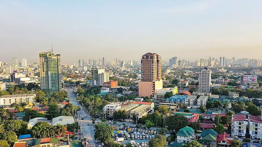 High angle view of cityscape against clear sky