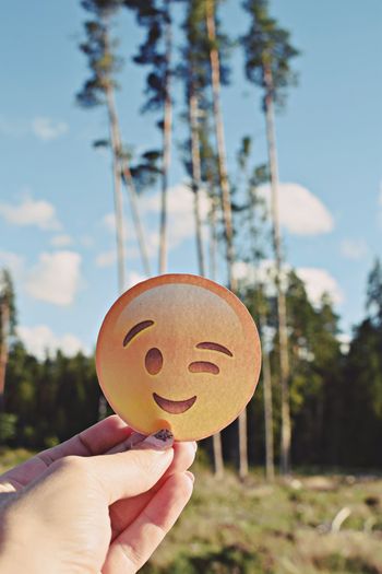 Close-up of hand holding anthropomorphic smiley face against trees and sky
