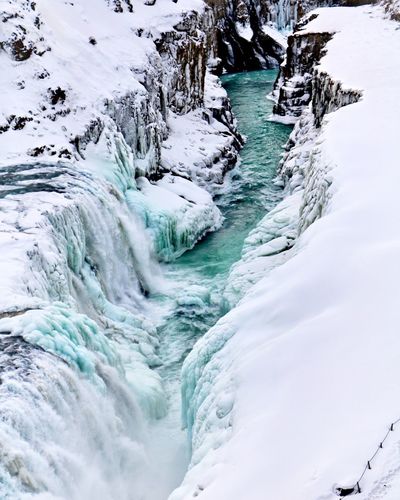 High angle view of frozen waterfall
