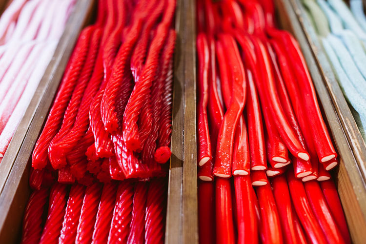 Close up view of red candies in a market