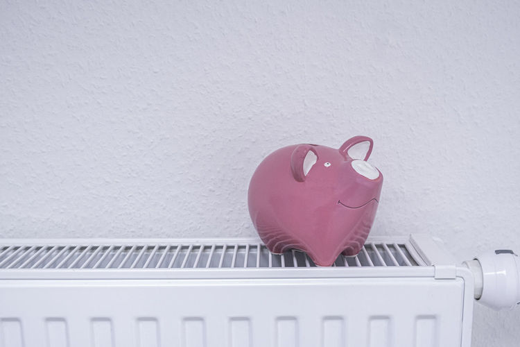 Close-up of piggy bank on thermostat