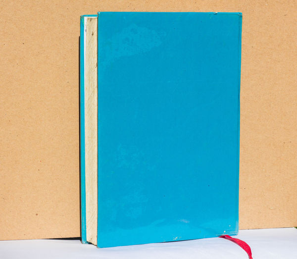 High angle view of blue and book on table