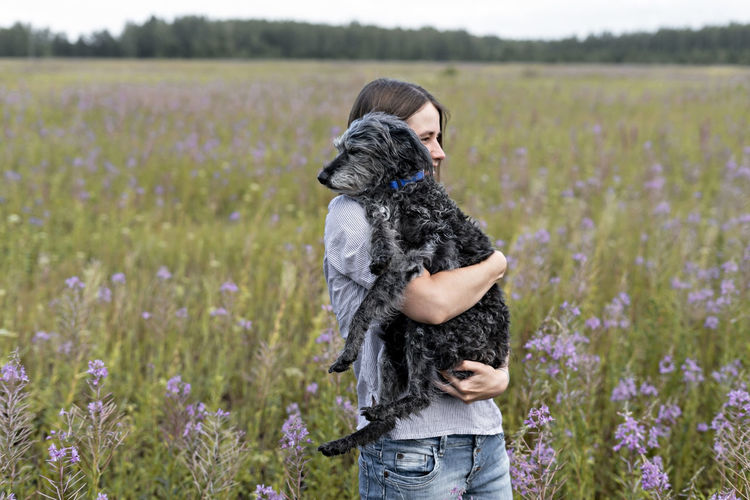 Young smiling woman holding fluffy senior dog in hands on meadow with flowers of fireweed , walking 