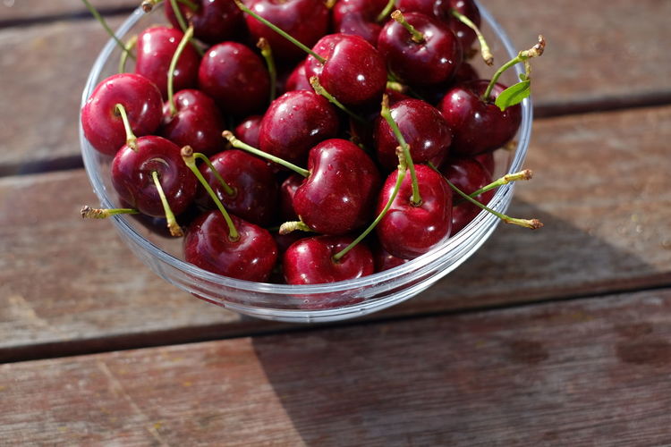High angle view of cherries in bowl on table