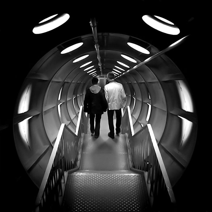 Rear view of men walking inside atomium